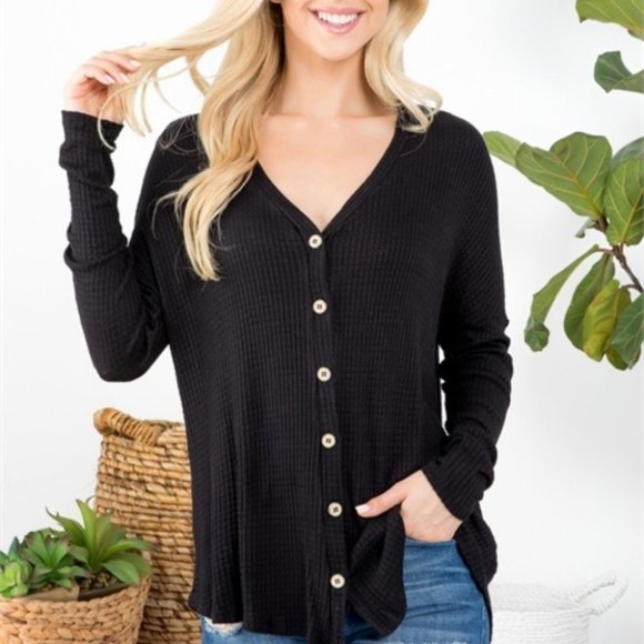 BLACK CASUAL BUTTON DETAIL LONG SLEEVE TOP - Picture 6 of 8